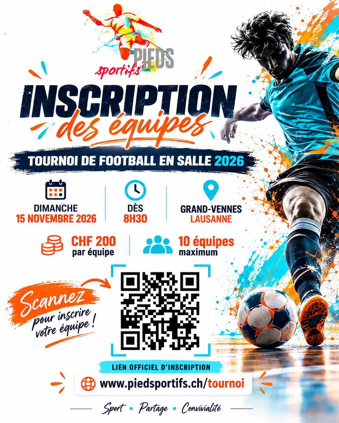 Affiche — Tournoi de football en salle 2026 — Dimanche 15 novembre 2026 · dès 8h30